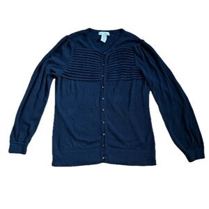 Navy Blue Pleated Chest Button Front Cardigan Sweater Sz. Large Preppy Lagenlook